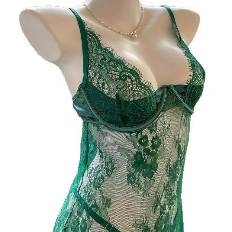 Lace Babydoll Set with Suspenders and Push-Up Shaping, Women’s Split Nightgown — detail image 5