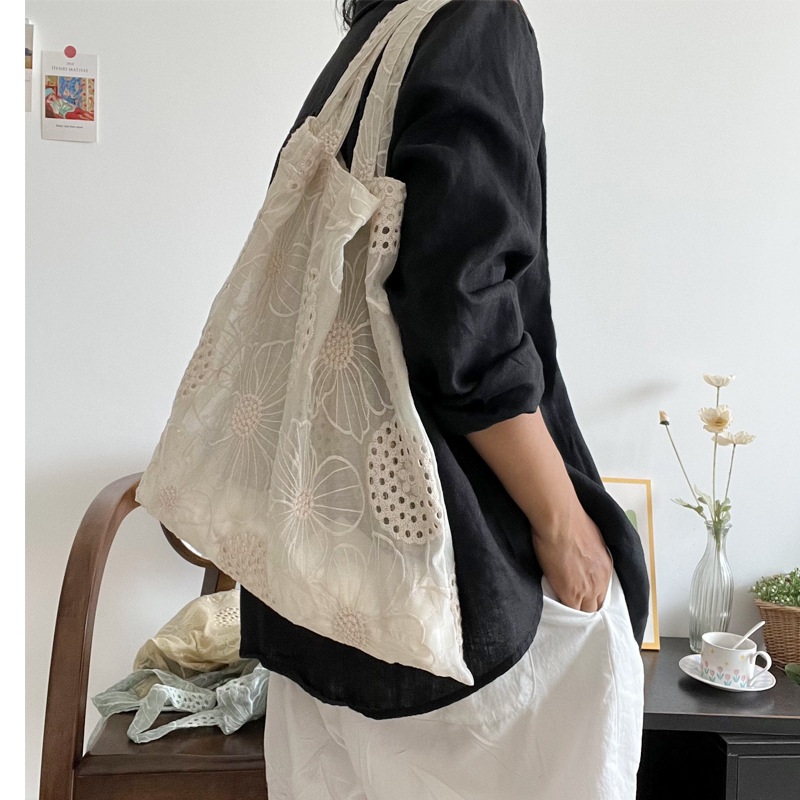 French Artistic Heavy Embroidery Hollow-Out Shoulder Bag Tencel Nylon Fabric Bag Romantic Elegant Women's Semi-Transparent Bag - Thumbnail 4