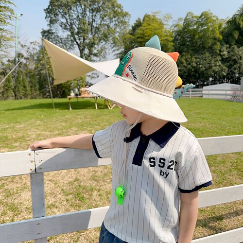 Children's sun protection hat summer boys and girls anti-UV sun hat baby cartoon mesh large brim sunshade fisherman hat