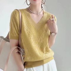 ヨーロッパデザインの女性用VネックニットTシャツ2025春夏新作多用途ゆったりおしゃれスリム半袖セーター