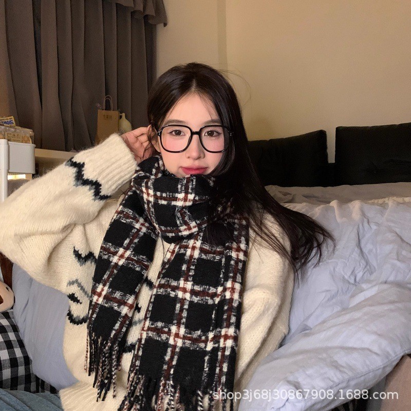 围巾冬季女2025新款薄荷绿色格子羊绒韩系百搭氛围高级感加厚围脖|undefined