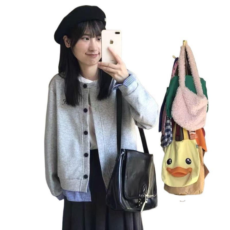 早秋纯棉国潮牌假两件拼接纽扣卫衣女小众设计感宽松百搭休闲外套|undefined
