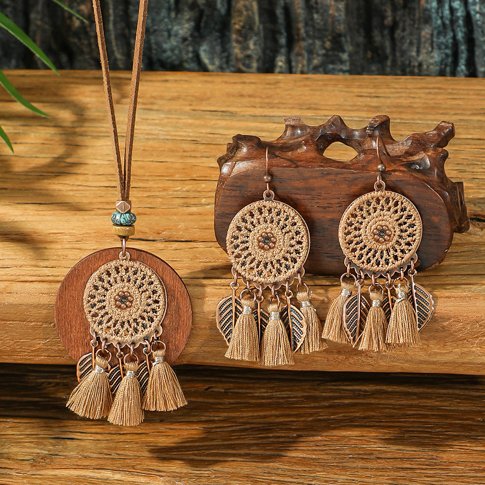 Bohemia Dream Catcher borla pendientes collar de madera estilo étnico largo borla colgante accesorios suéter cadena