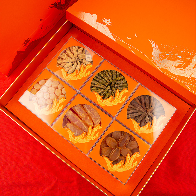 Guochao Zhenxi Nourishing Products Gift Box Ginseng Segments Dendrobium Seafood Dry Goods Six Combinations Gift Box Supports One Piece Shipping