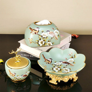 Ceramic Fruit Plate, Tissue Box, Ashtray Three-Piece Set, Modern Living Room, Tea Room, Creative American Accessible Luxury Ornaments