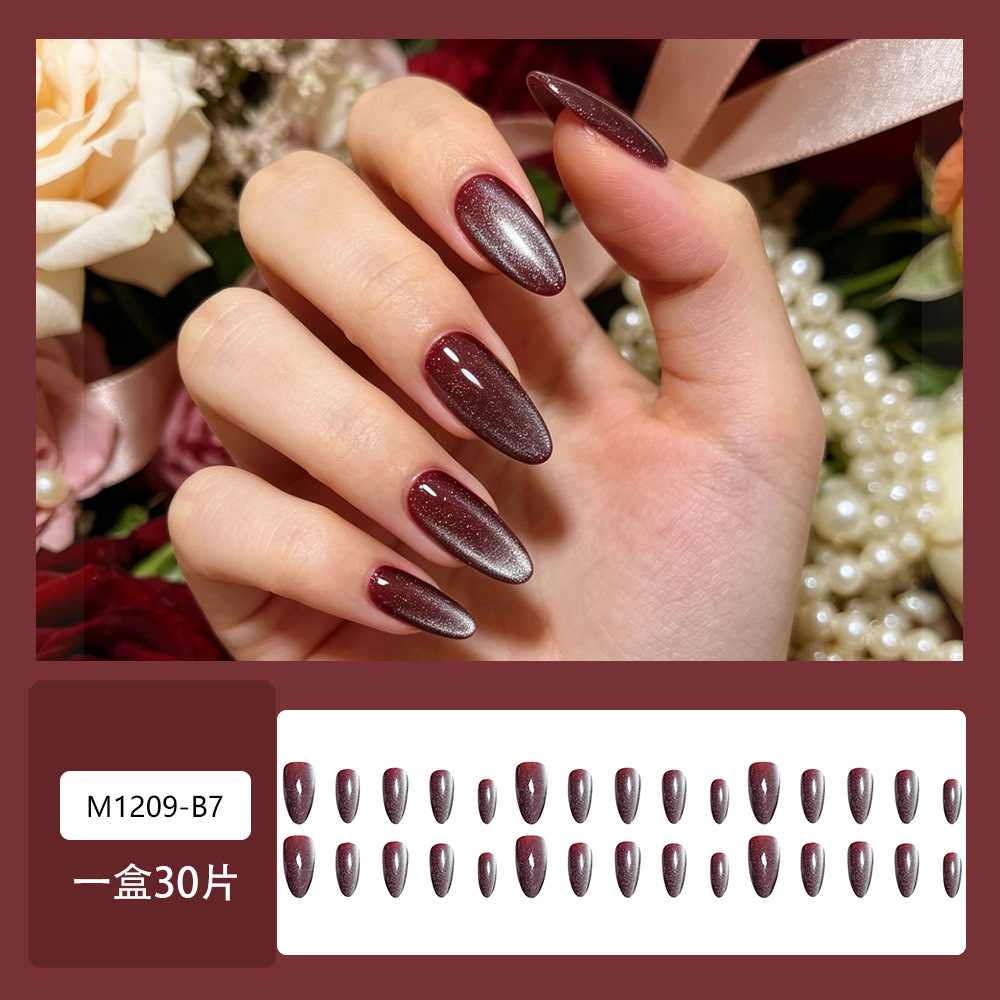 Comercio exterior rojo marrón gradiente ojo de gato 30 piezas de uñas de almendra blanquear uñas uñas falsas lotes mixtos spot