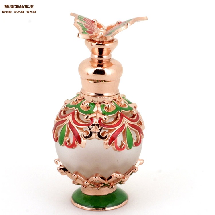 精油饰品网15ml绿色底蝴蝶盖玫瑰金色球形蜘蛛花纹香水瓶2.