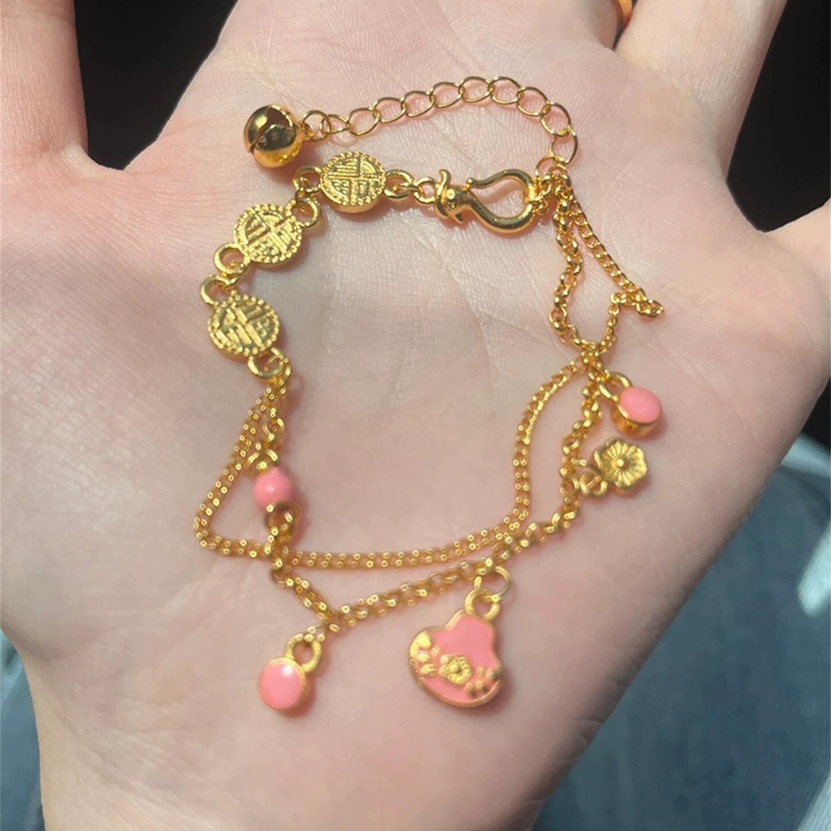 Shajin pink silver ingot bell lucky brand bracelet does not fade for a long time sweet fresh temperament high sense does not fade for a long time_voghion.com