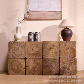 榆木墩子酒店组合茶几实木边几侘寂风民宿老榆木树桩茶几方形坐凳