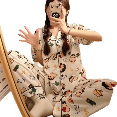 Japanese-style Cartoon Crayon Shin-chan Inspired Pajamas for Women: Spring/Summer Short-Sleeve Top & Long Pants – Cute Student Home Wear Set