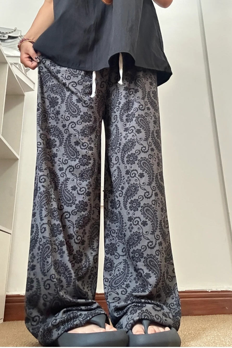 Pantalones de lino de algodón con flores de anacardo retro estilo fino de verano pantalones casuales con estampado de estilo perezoso temperamento de moda pantalones de trapeador sueltos