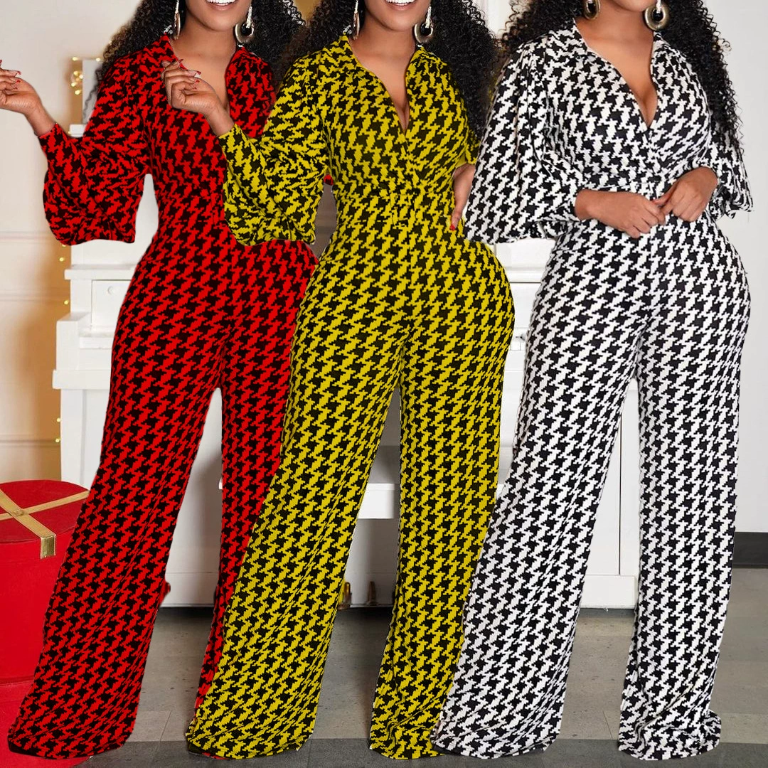 Женский комбинезон с V-образным вырезом, пышными рукавами, принтом на талии, широкими штанинами, больших размеров, в африканском, европейском и американском стиле