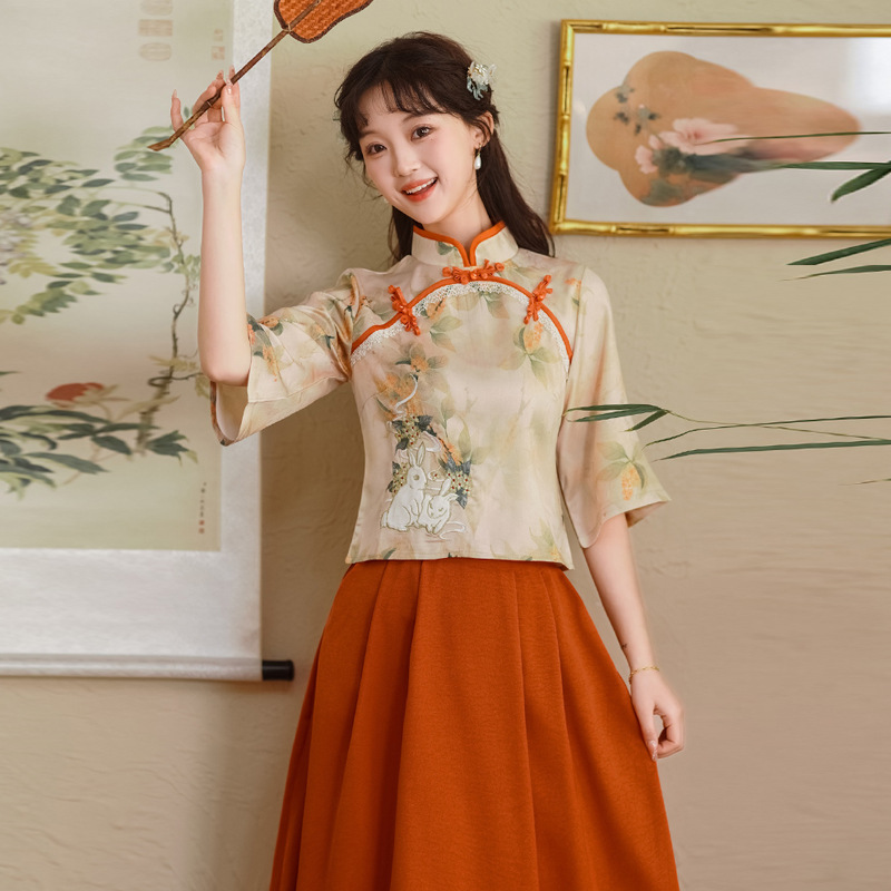新中式改良旗袍套装小个子唐装女中国风禅意茶艺服中式采耳工作服