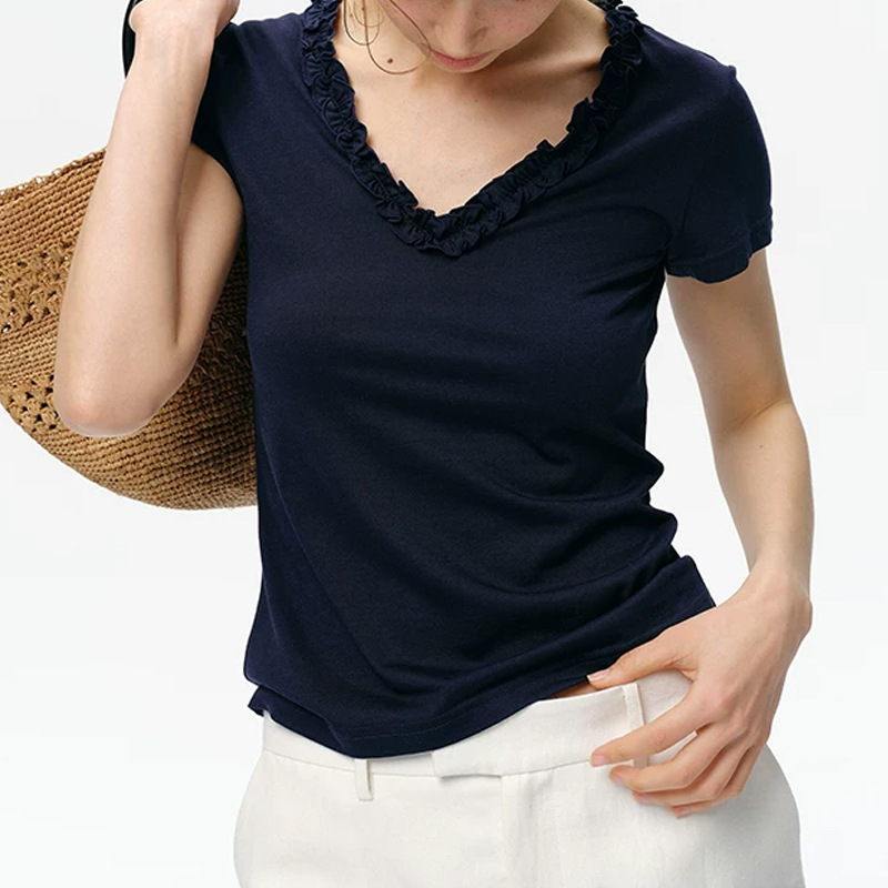 French-style elegant lace V-neck short-sleeve T-shirt for women, slimming ruffled edge top, solid color, new summer model French-style elegant lace V-neck short-sleeve T-shirt for women, slimming ruffled edge top, solid color, new summer model