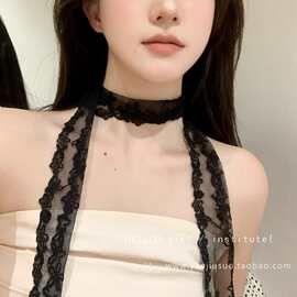 韩系高级感黑色蕾丝长条丝巾女百搭系脖围巾2025新款甜美领巾配饰