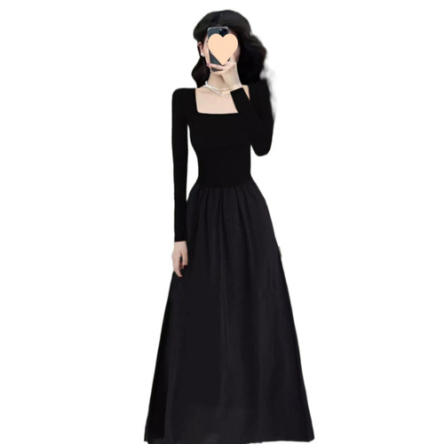Black Tea Party French Dress Spring Women's New High-End Hepburn Style Elegant Square Collar Slimming Long Dress