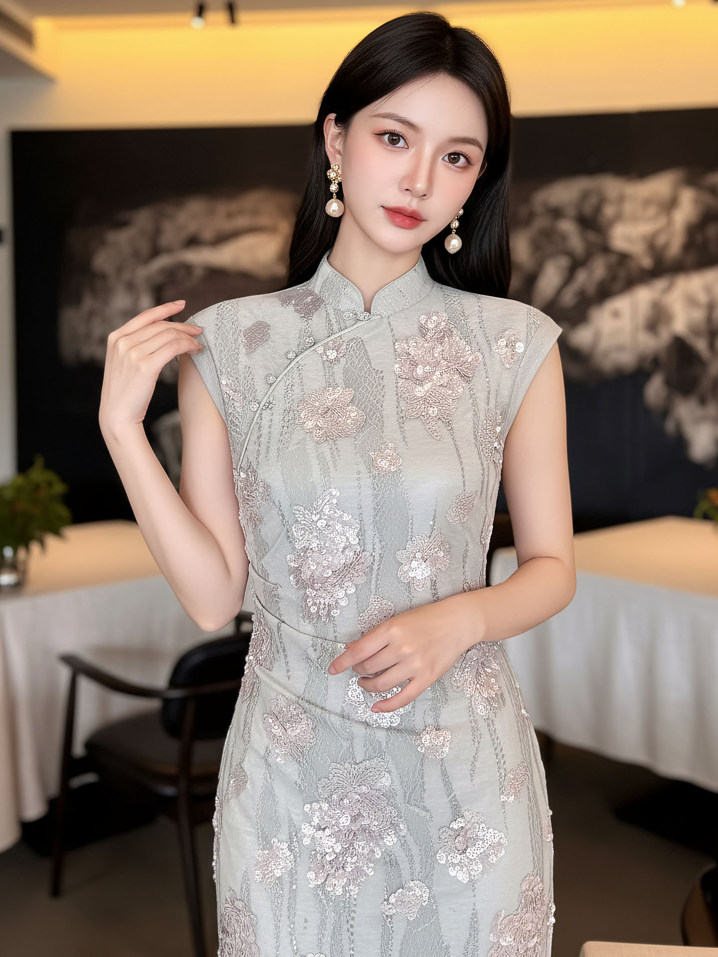 Đầm maxi thắt eo phong cách Tân Trung Hoa ren hoa nổi tay lỡ — Xám gạo