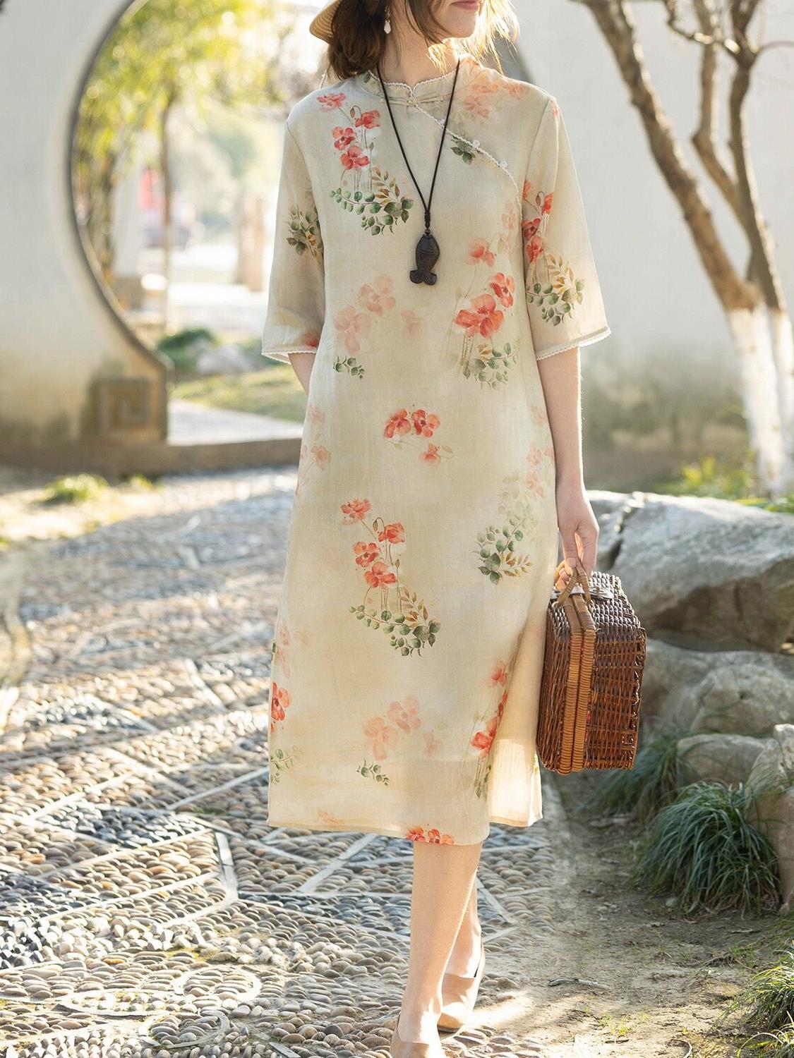 Haiyang new Chinese style Light National style Ramie stand collar improved cheongsam dress women's retro diagonal design skirt