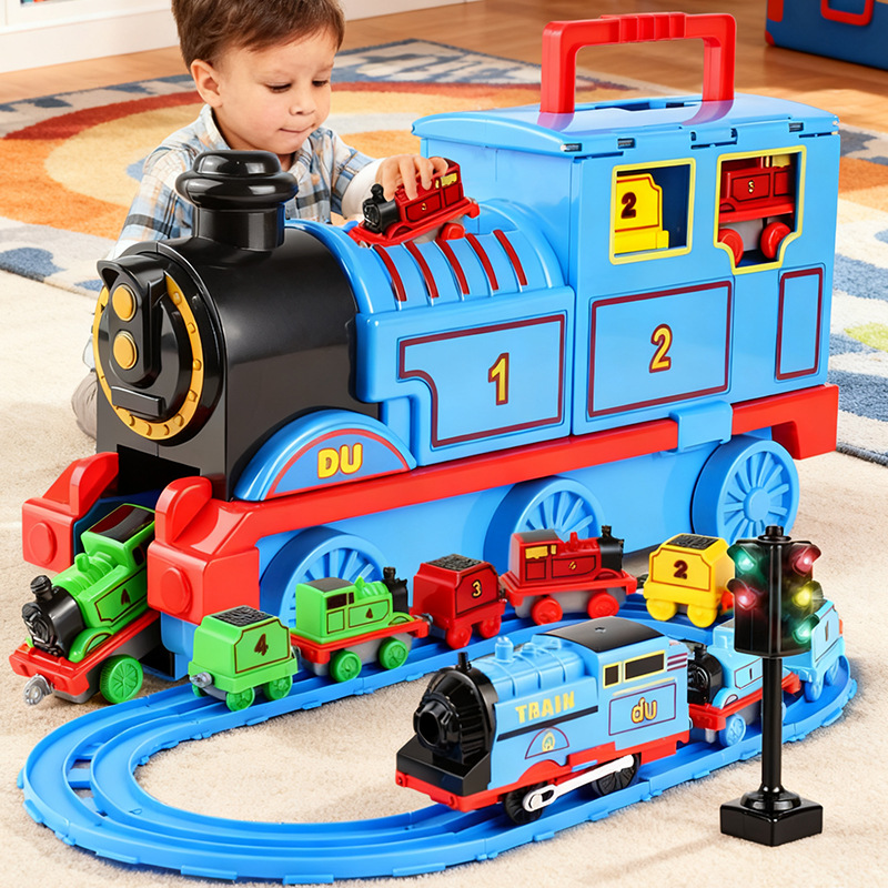 Niños locomotora eléctrica modelo conjunto de rieles magnéticos grandes juguetes de almacenamiento de tren