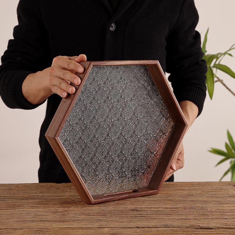 復古海棠花玻璃托盤家用長方形胡桃實木小茶盤杯子收納水果點心盤