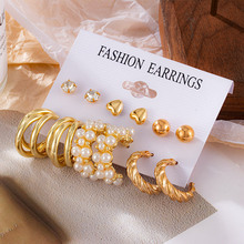 新款潮韩国高级感耳环 气质爱心耳圈镶珍珠百搭六件套装组合耳钉