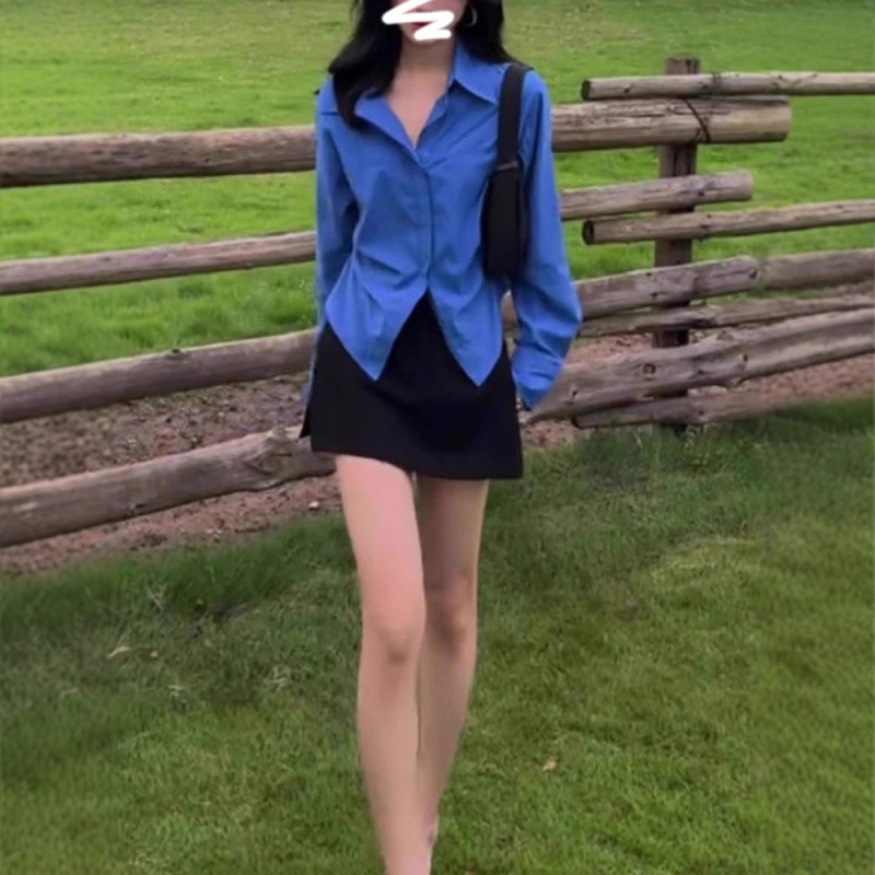 克莱因蓝色长袖衬衫女早秋季气质叠穿内搭收腰显瘦松驰感衬衣上衣|undefined