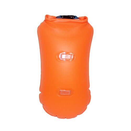 Air-inflatable swimming float with storage for manufacturer's single airbag, follow-me ball, waterproof drifting swimming bag