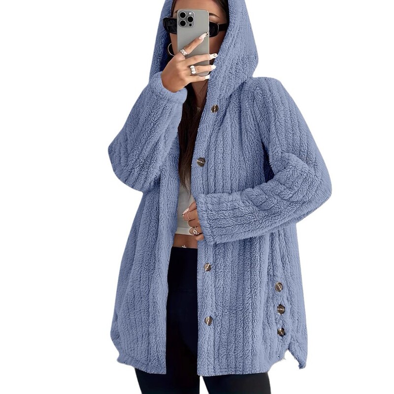 2025速売通Wish ebay秋冬欧米女装純色長袖帽子付きゆるいパイルコート女性|undefined