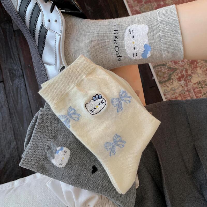Women's Winter Pure Cotton Mid-Calf Socks with Cartoon Cat Embroidery, Odor-Resistant, Anti-Pilling, Seamless Long Socks