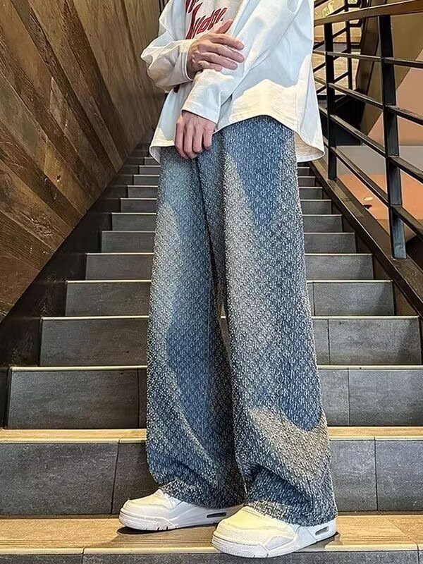 HM jacquard washed denim jeans for men, spring and autumn 2024 new American style large size casual pants, trendy long pants for men