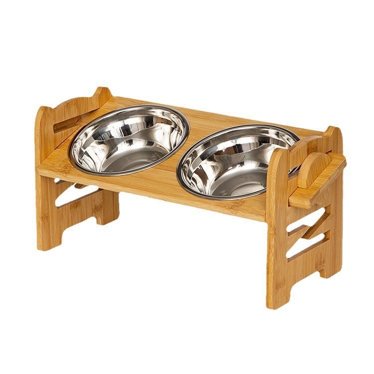 Comida de comida para perros de bambú y madera para mascotas, soporte de doble tazón, rack de alimentación, rack de comida de acero inoxidable para mascotas