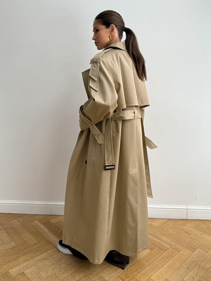Áo khoác trench coat nữ dáng dài phong cách Âu Mỹ, chất liệu cotton, form rộng có dây thắt eo — Màu kaki, màu xám