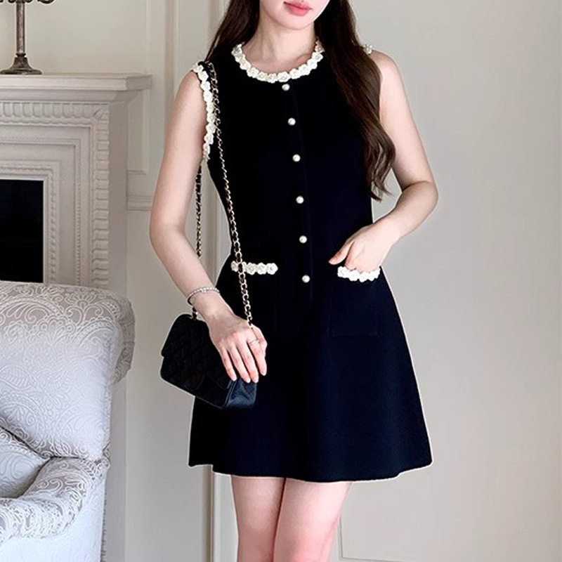 European and American Cross-Border Spring and Summer New Style Chanel-Inspired Lace Beaded Dress Round Neck Sleeveless Short Dress Waist-Cinching A-Line Slimming Dress