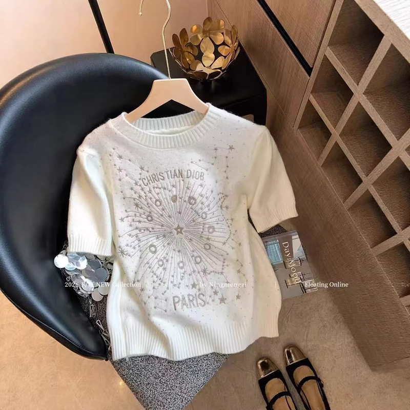 White Star Embroidery Rhinestone Embellished Short-Sleeve Sweater for Women, 2026 Spring New Style, Light Luxury, Elegant and Slimming Top