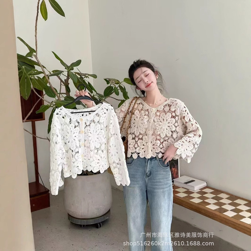 Korean Style Fashionable Loose Slimming Hollow Crochet Sweater Women's New Style Western Style Unique Chic Cardigan Long Sleeve Top