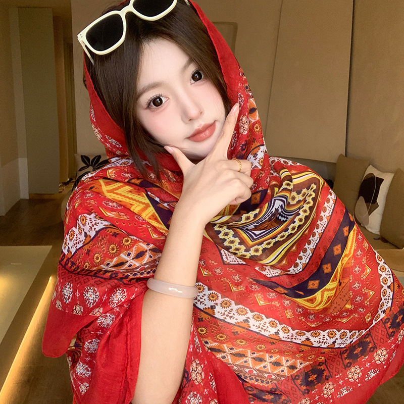 Western Chinese Ethnic Style Shawl Hat with Button Fastening for Women, Suitable for Travel, Beach Wear, Silk Scarf, Head Wrap, and Cape