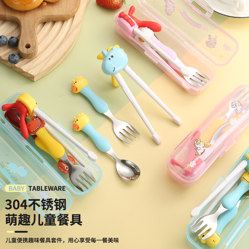 304 Dinosaur Kidsren's Tableware 304 Stainless Steel Set Cartoon Unicorn Spoon Fork Baby Practice Chopsticks