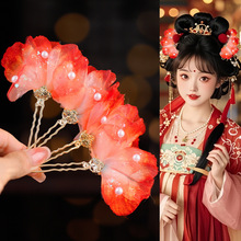 古风烫花发饰发钗红色绢花头饰汉服发夹U钗古装渐变纱花古装配饰
