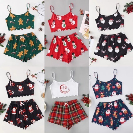 Christmas European and American Style New Suspender Shorts Pajamas for Women, Short-Sleeved Shorts, Milk Silk, Simple Casual Two-Piece Set for Home