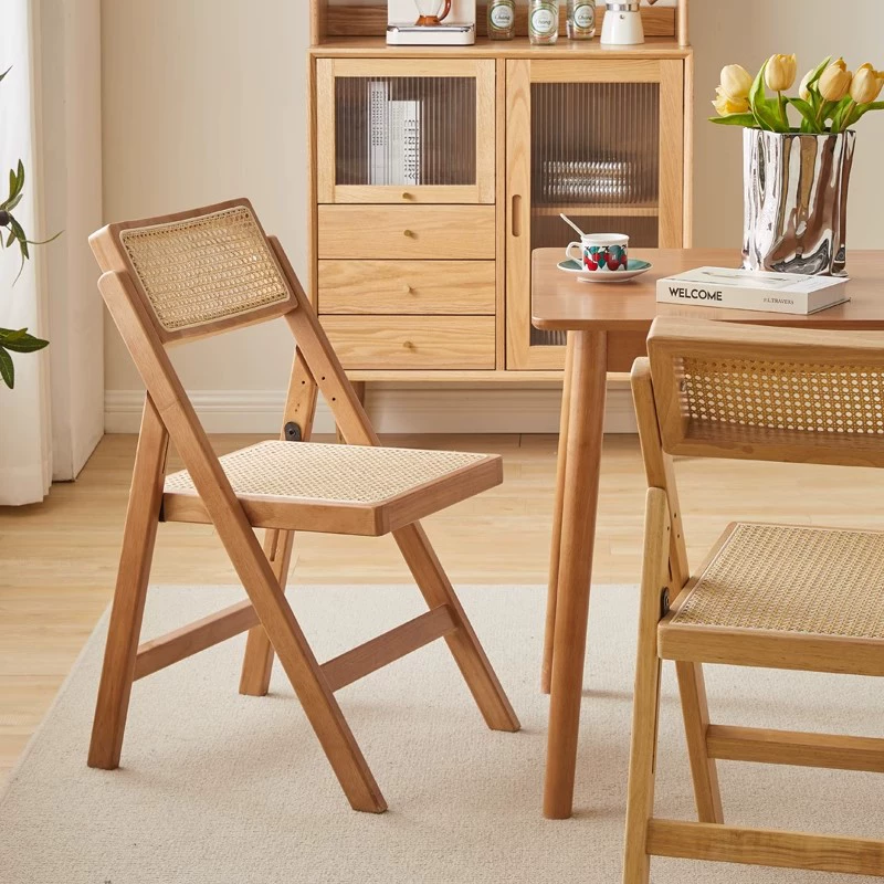 Складной стул из цельного дерева в стиле ретро, ​​старинный обеденный стул из ротанга, учебная кофейня, легкий роскошный табурет с спинкой для отдыха на балконе в японском стиле