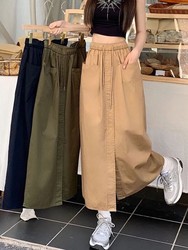 新款多巴胺半身裙2024夏季休闲宽松设计美式开叉高腰显瘦工装裙子|undefined