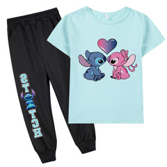 Stitch 史迪奇跨境外貿100-160碼兒童卡通套裝男女童短袖T恤+長褲