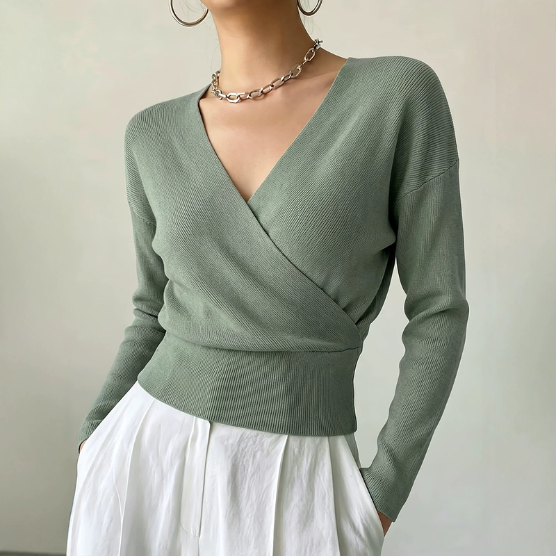 Cross-Border European and American Popular Women's Knitwear, Long-Sleeved, Solid Color, Fashionable Cross-Neck Design, Waist-Cinching Design, Simple and Figure-Flattering