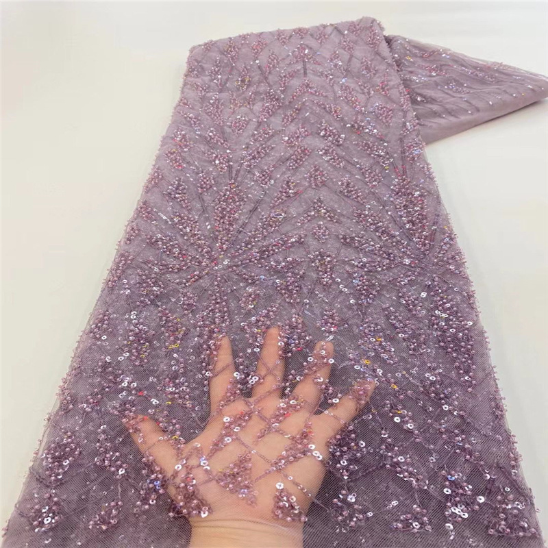 珠子绣花珠管绣婚纱礼服亮片绣网布蕾丝面料Sequin beaded lace