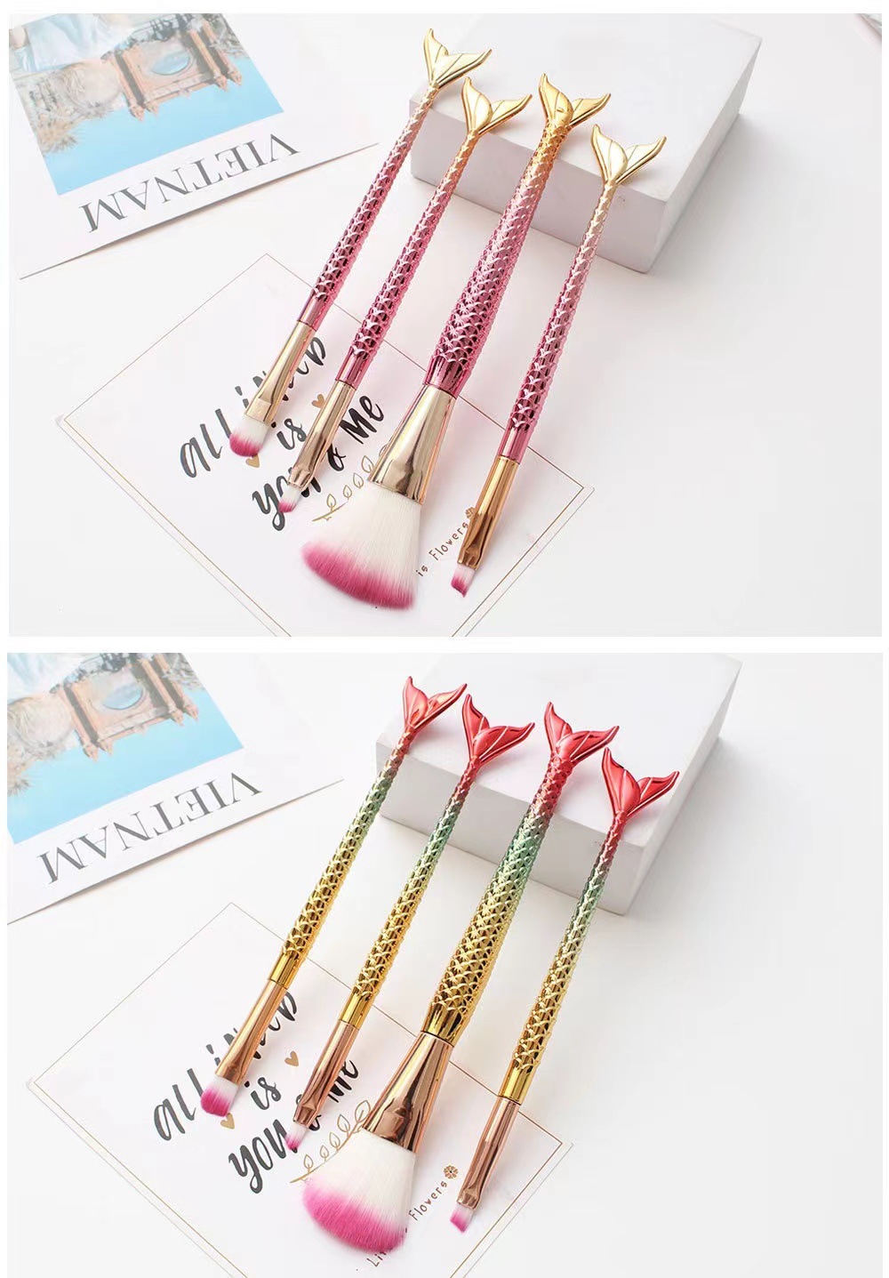 Glam Multicolor Artificial Fiber Aluminum Mermaid Handle Makeup Brushes 4 Pieces Set display picture 4