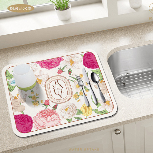 Small fresh plant and flower washbasin insulated, water-absorbent, non-slip, easy-care insulation mat, kitchen countertop drain mat
