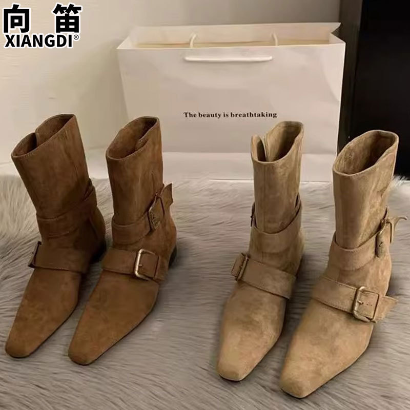 牛反绒法式小短靴女2025秋冬季新款西部牛仔靴粗跟中筒靴子骑士靴|undefined