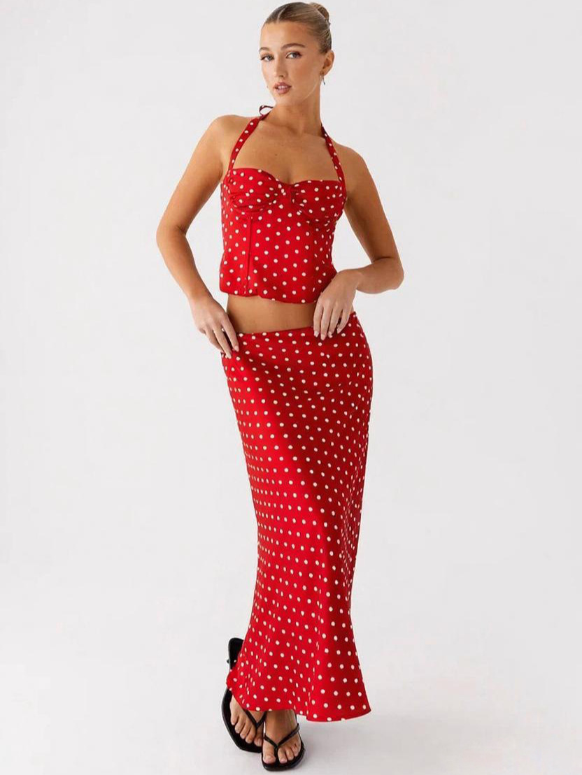 2025 European and American Women's Summer New Polka Dot Fashion Sexy Backless V-Neck Halterneck Suspender High-Waisted Long Skirt Two-Piece Set 4