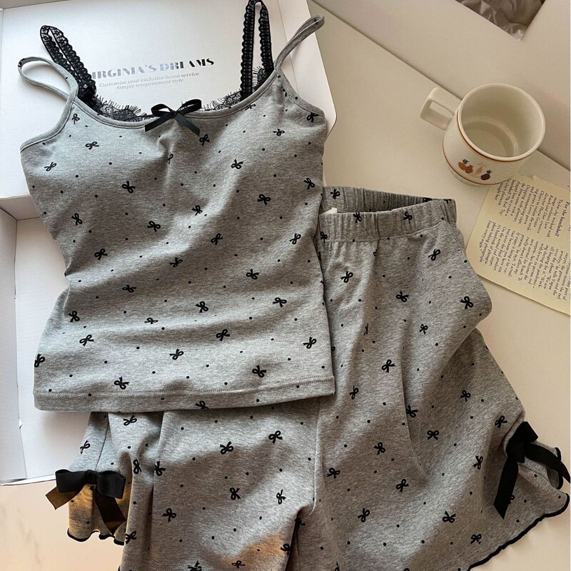 New Style Pajamas with Breast Pads for Women, Summer Cute and Sexy Suspenders Two-Piece Set, Gray Bow Home Wear Set New Style Pajamas with Breast Pads for Women, Summer Cute and Sexy Suspenders Two-Piece Set, Gray Bow Home Wear Set