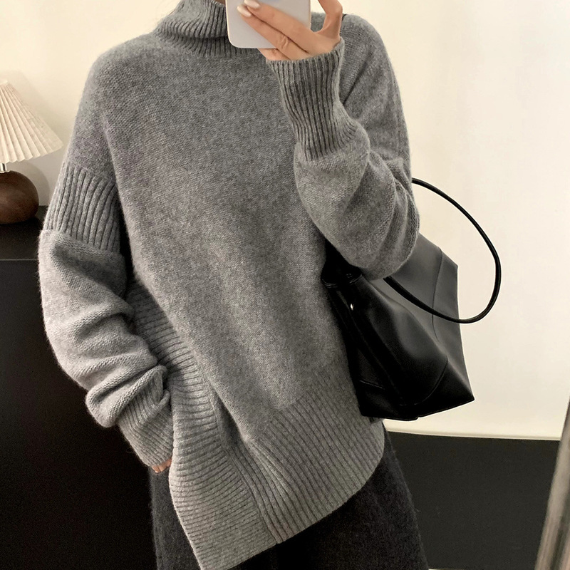 Merino 100 Wool Knitwear Women's High Collar Split Sweater Autumn and Winter Thickened Niche Lazy Single Wear Top
